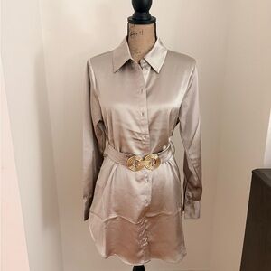 Satin Shirt Dress with Gold Belt